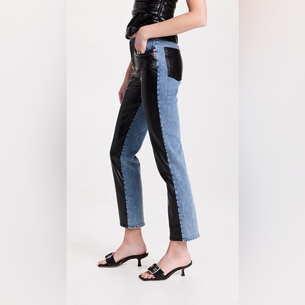 Jonathan Simkhai River High Rise Straight Jeans Black Vegan Leather Edgy Blue 28 - Picture 2 of 10